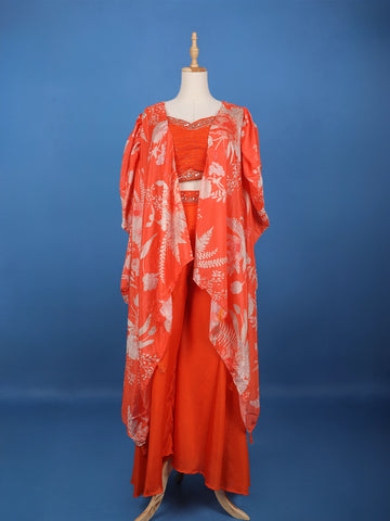 Orange Floral Design Synthetic Palazzo Suit - Diadem