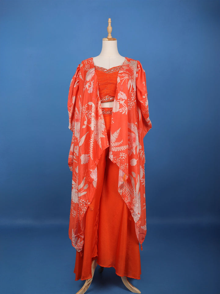 Orange Floral Design Synthetic Palazzo Suit - Diadem