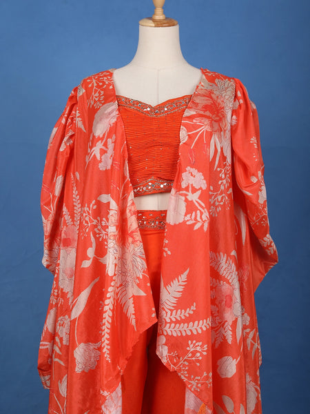 Orange Floral Design Synthetic Palazzo Suit - Diadem