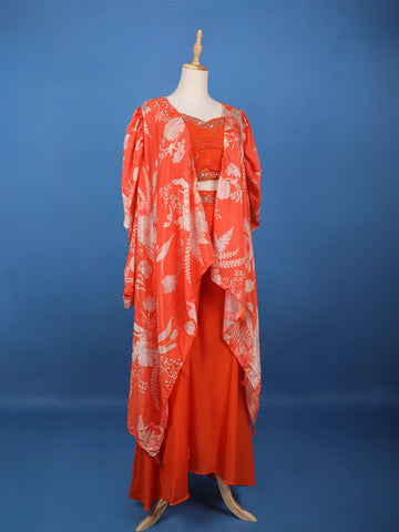 Orange Floral Design Synthetic Palazzo Suit - Diadem