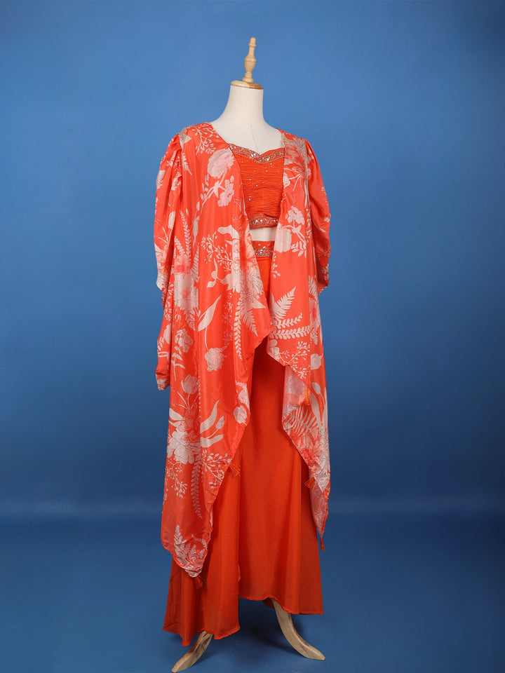Orange Floral Design Synthetic Palazzo Suit - Diadem