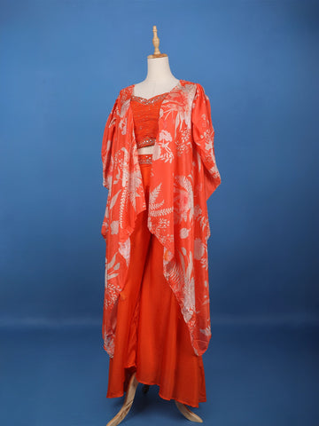 Orange Floral Design Synthetic Palazzo Suit - Diadem