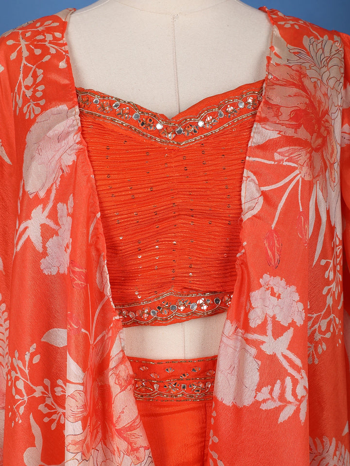 Orange Floral Design Synthetic Palazzo Suit - Diadem