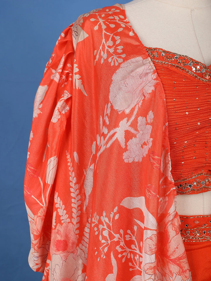 Orange Floral Design Synthetic Palazzo Suit - Diadem