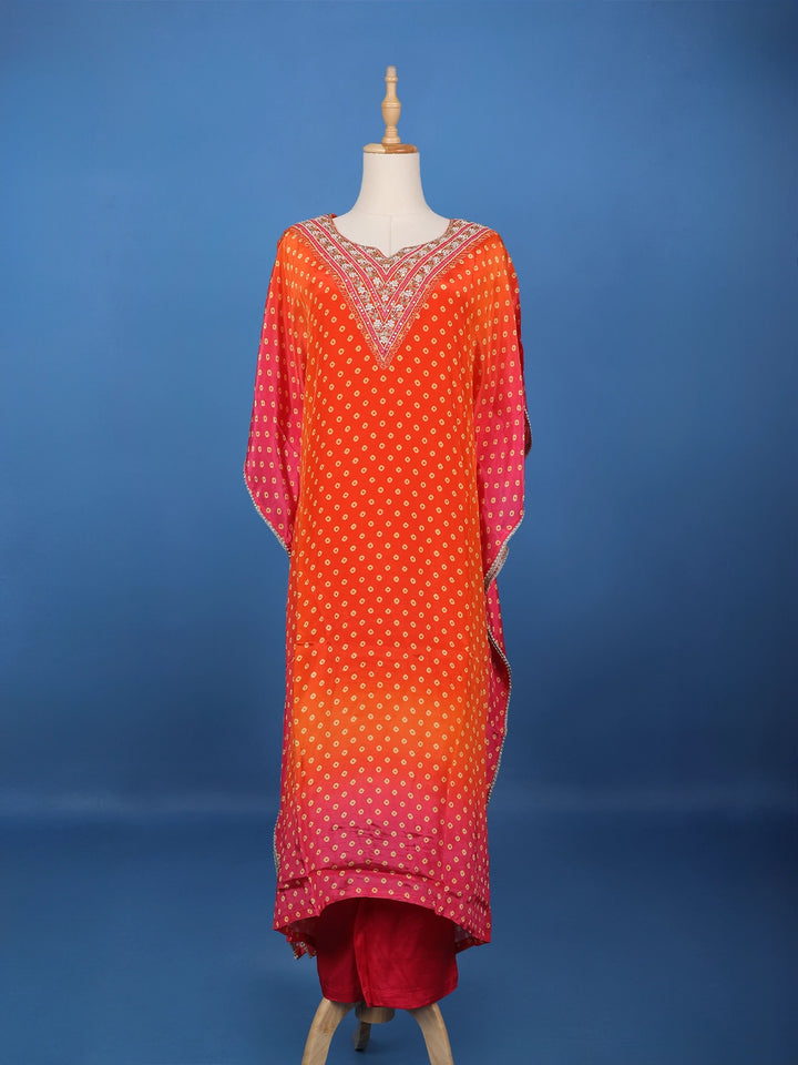 Orange Floral Designed Semi Silk Kaftan Suit - Diadem