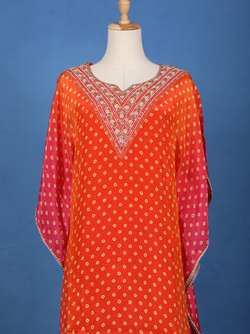 Orange Floral Designed Semi Silk Kaftan Suit - Diadem