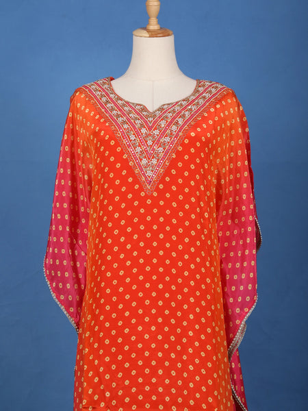 Orange Floral Designed Semi Silk Kaftan Suit - Diadem