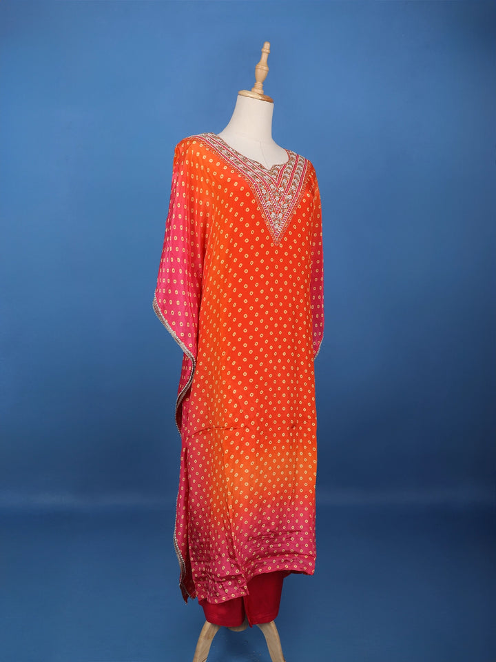 Orange Floral Designed Semi Silk Kaftan Suit - Diadem