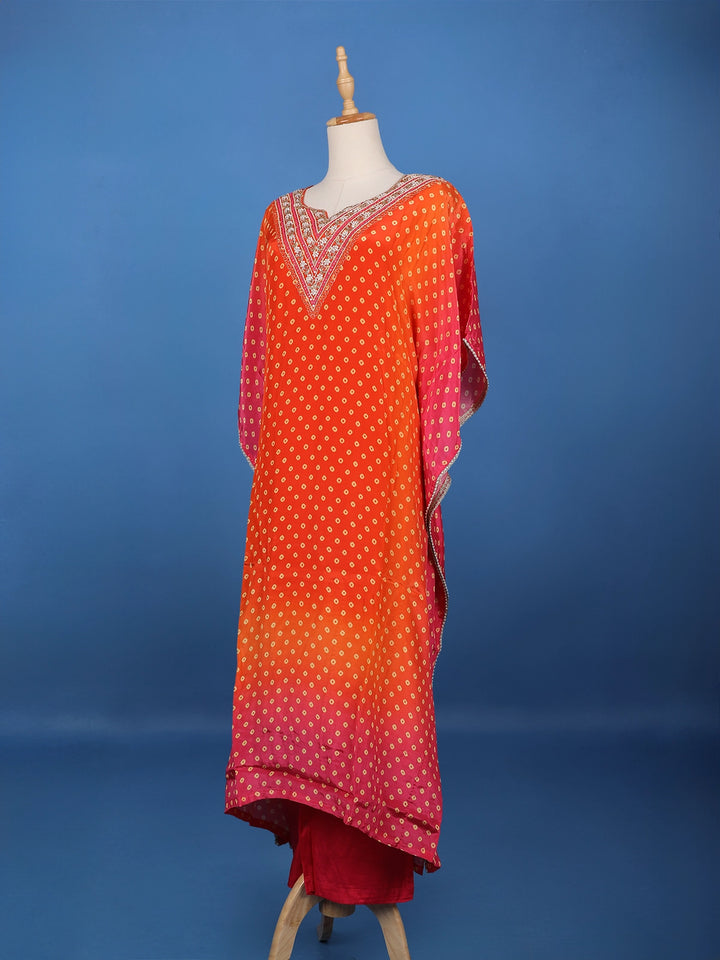 Orange Floral Designed Semi Silk Kaftan Suit - Diadem