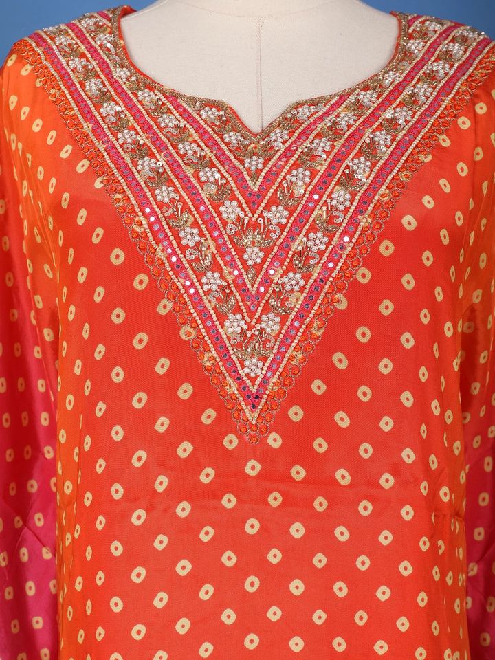 Orange Floral Designed Semi Silk Kaftan Suit - Diadem