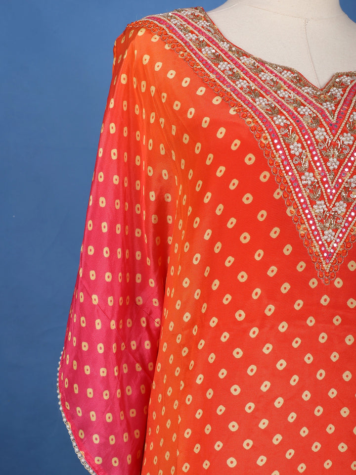 Orange Floral Designed Semi Silk Kaftan Suit - Diadem