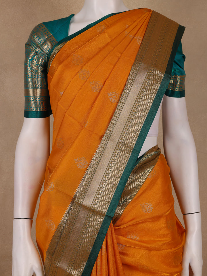 Orange Floral Motif Banarasi Silk Saree - Diadem