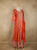 Orange Floral Woven Banarasi Silk Gown with Dupatta