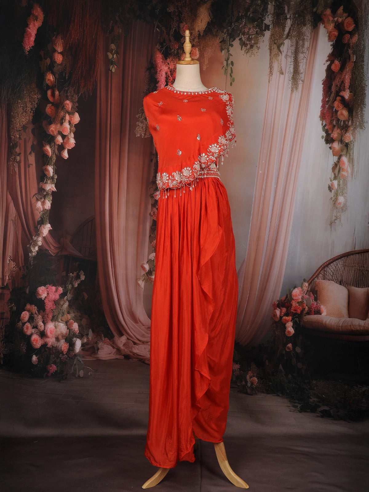 indo western orange dress Rich Rust-Orange Long Shrug Indo-Western Dress Tulsistudiolifestyle
