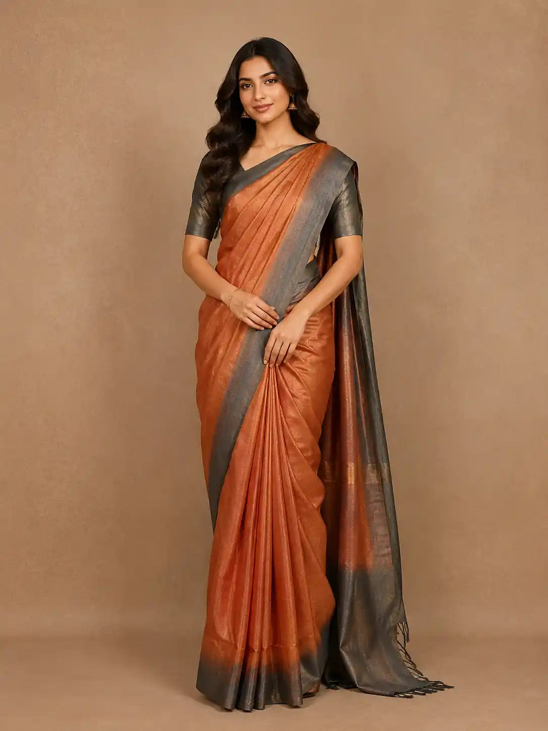 Orange Abstract Designed Semi Tussar Silk Saree