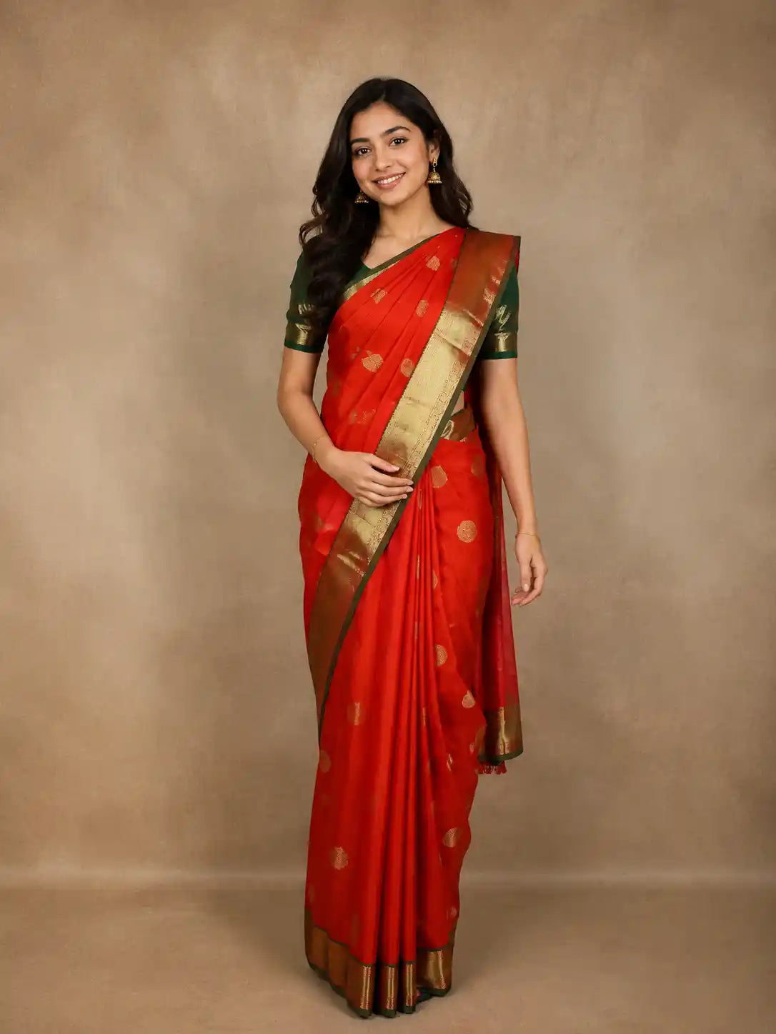 Orange Butta Woven Design Kanchipuram Silk Saree with Contrast Border