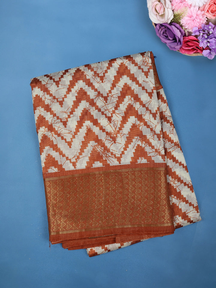 Orange Chevron Designed Fancy Cotton Saree - Diadem