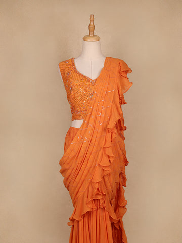 Orange Embroidery Georgette Ready To Wear Saree with Designer Blouse - Diadem