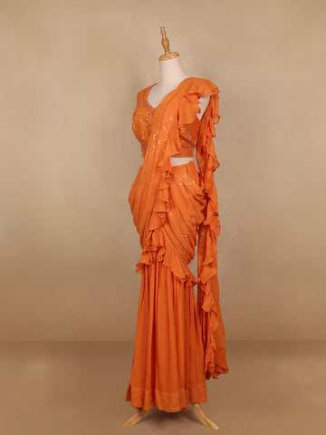 Orange Embroidery Georgette Ready To Wear Saree with Designer Blouse - Diadem