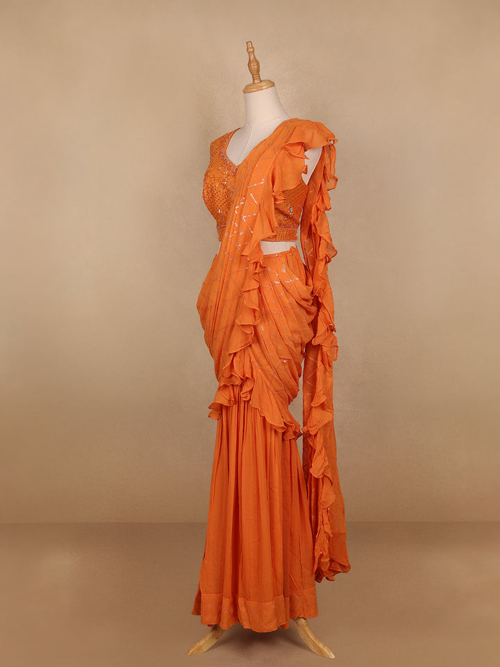 Orange Embroidery Georgette Ready To Wear Saree with Designer Blouse - Diadem