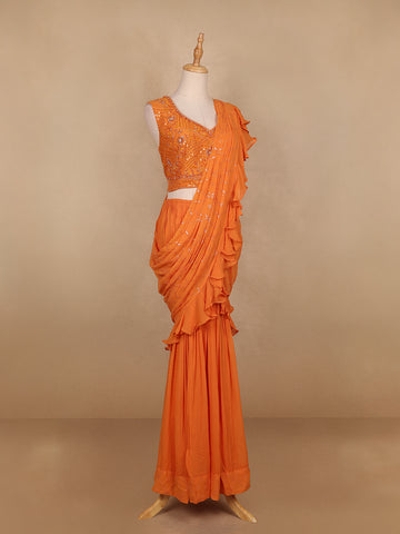 Orange Embroidery Georgette Ready To Wear Saree with Designer Blouse - Diadem