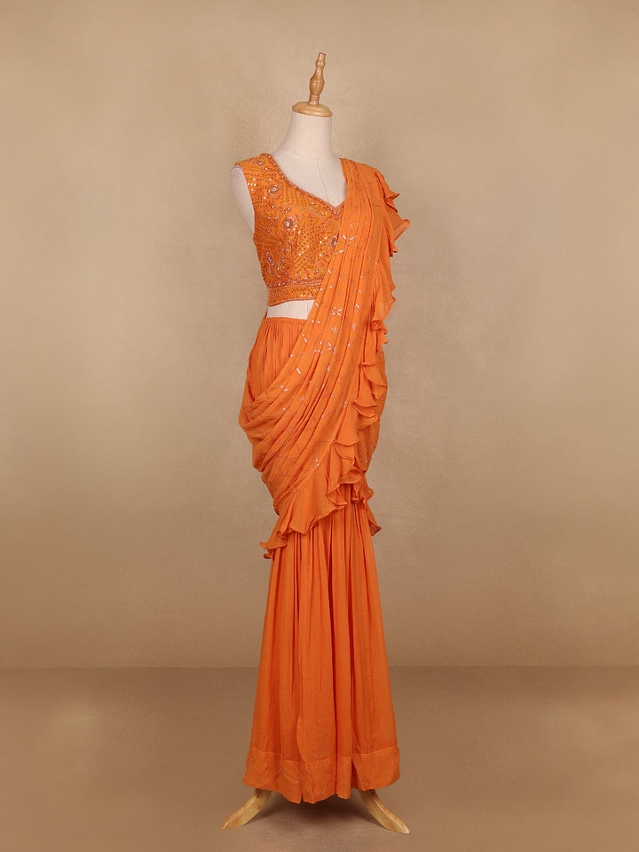 Orange Embroidery Georgette Ready To Wear Saree with Designer Blouse - Diadem