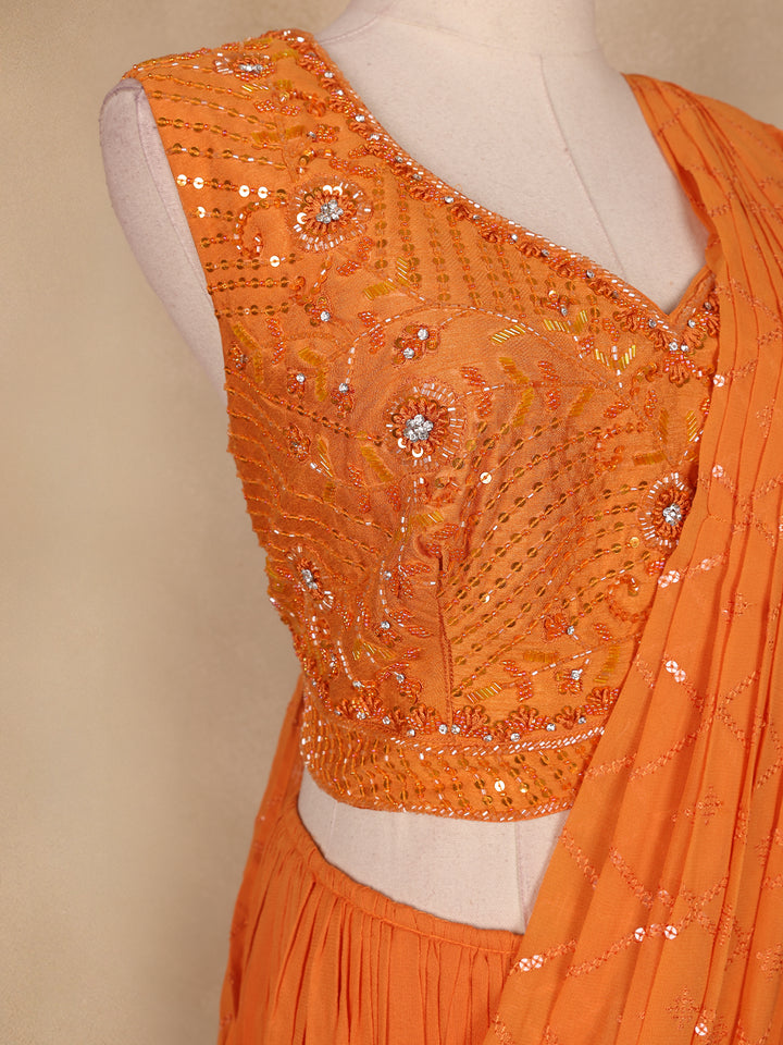 Orange Embroidery Georgette Ready To Wear Saree with Designer Blouse - Diadem