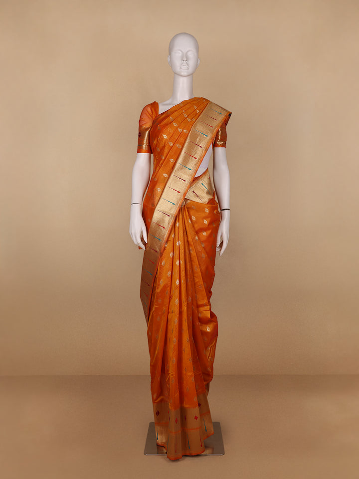 Orange Floral And Peacock Motif Soft Silk Saree - Diadem