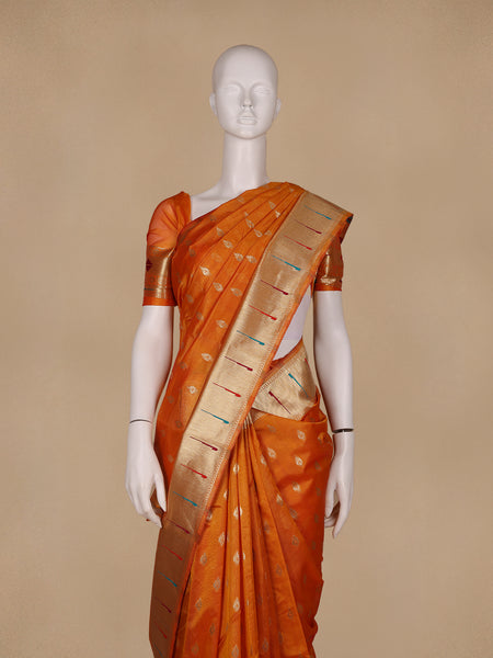 Orange Floral And Peacock Motif Soft Silk Saree - Diadem