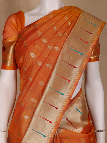 Orange Floral And Peacock Motif Soft Silk Saree - Diadem