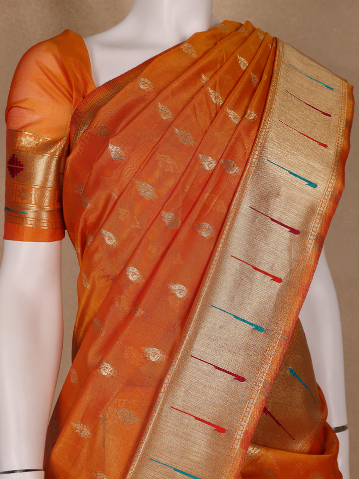 Orange Floral And Peacock Motif Soft Silk Saree - Diadem