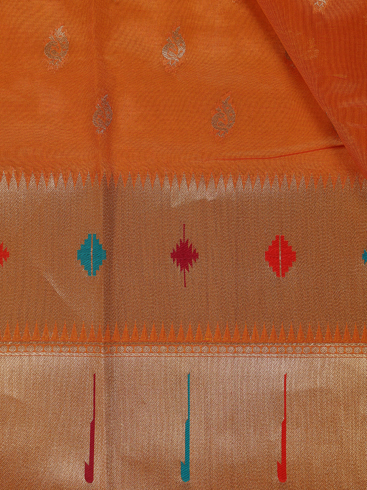 Orange Floral And Peacock Motif Soft Silk Saree - Diadem