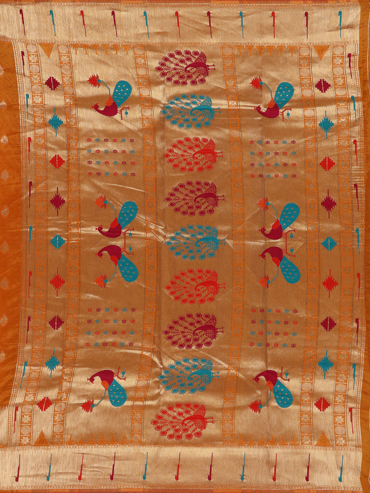 Orange Floral And Peacock Motif Soft Silk Saree - Diadem