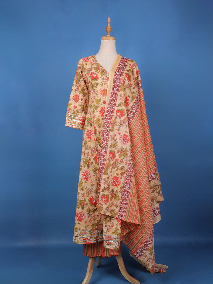 Orange Floral Design Printed Cotton Salwar Suit - Diadem