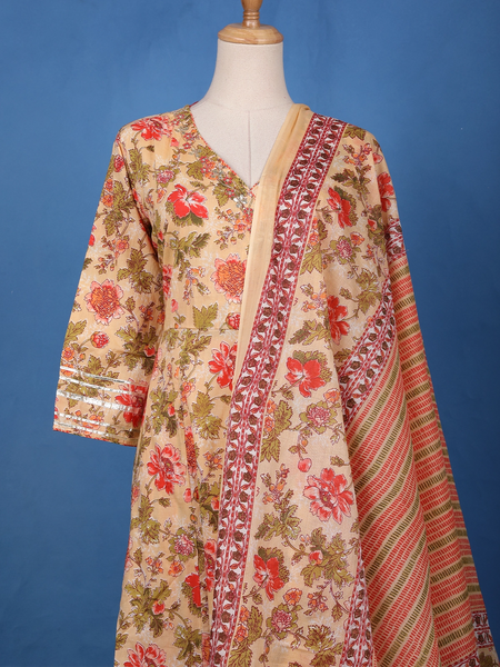 Orange Floral Design Printed Cotton Salwar Suit - Diadem