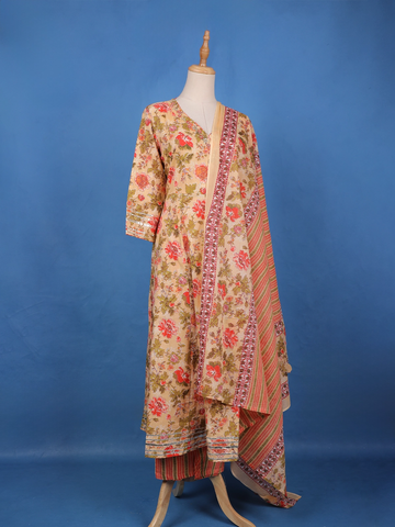 Orange Floral Design Printed Cotton Salwar Suit - Diadem