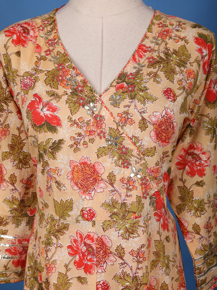 Orange Floral Design Printed Cotton Salwar Suit - Diadem