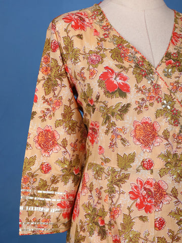 Orange Floral Design Printed Cotton Salwar Suit - Diadem