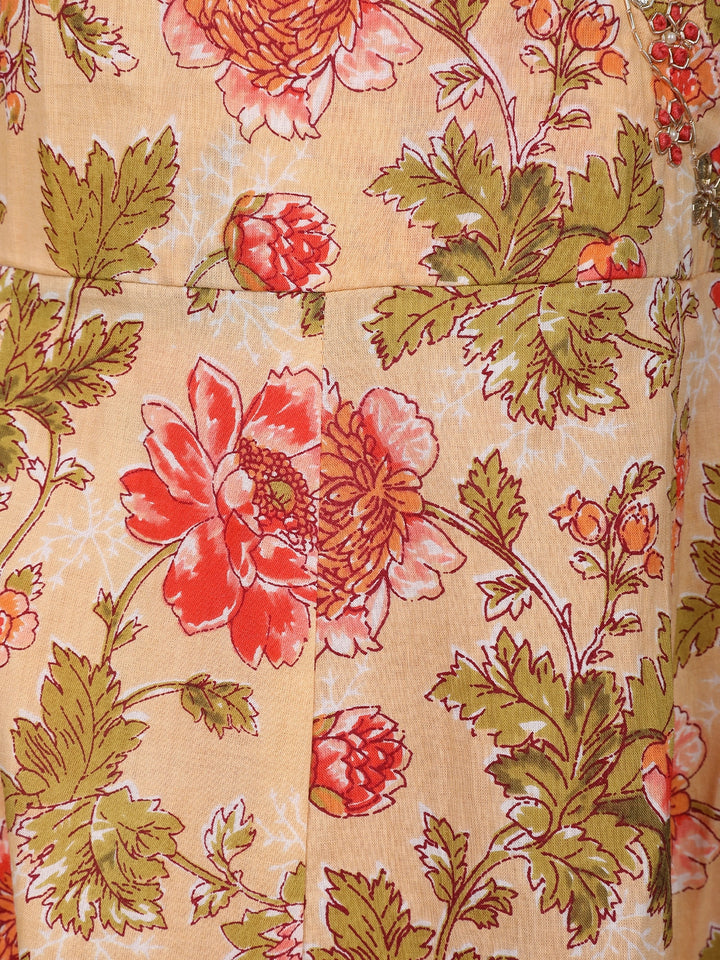 Orange Floral Design Printed Cotton Salwar Suit - Diadem