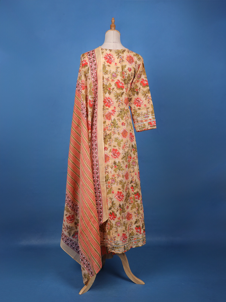 Orange Floral Design Printed Cotton Salwar Suit - Diadem