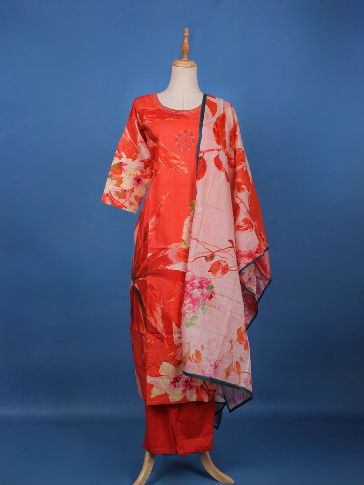 Orange Floral Design Printed Cotton Salwar Suit - Diadem