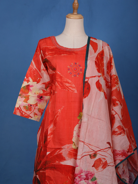 Orange Floral Design Printed Cotton Salwar Suit - Diadem