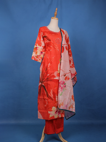Orange Floral Design Printed Cotton Salwar Suit - Diadem