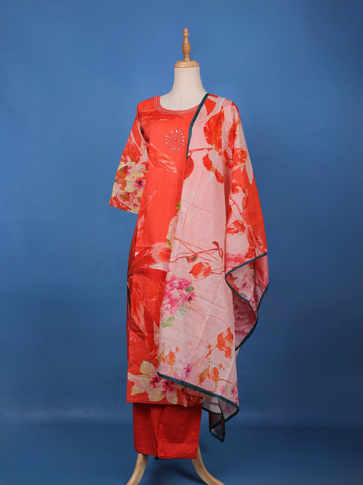 Orange Floral Design Printed Cotton Salwar Suit - Diadem