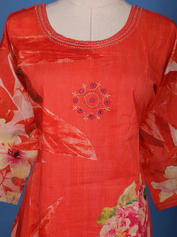 Orange Floral Design Printed Cotton Salwar Suit - Diadem