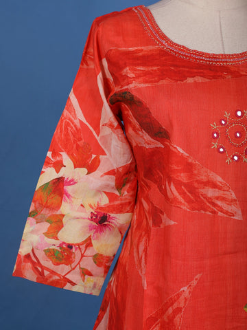 Orange Floral Design Printed Cotton Salwar Suit - Diadem
