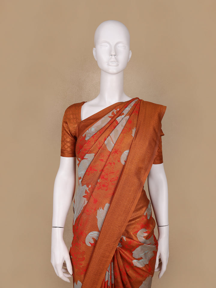 Orange Floral Designed Semi Silk Saree - Diadem