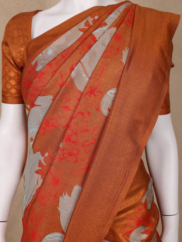 Orange Floral Designed Semi Silk Saree - Diadem