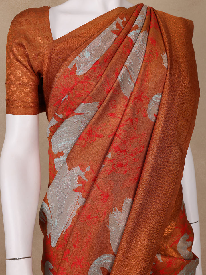 Orange Floral Designed Semi Silk Saree - Diadem