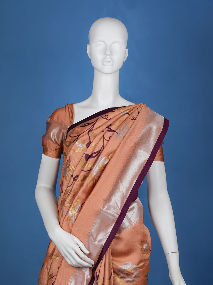 Orange Floral Designed Soft Silk Saree - Diadem